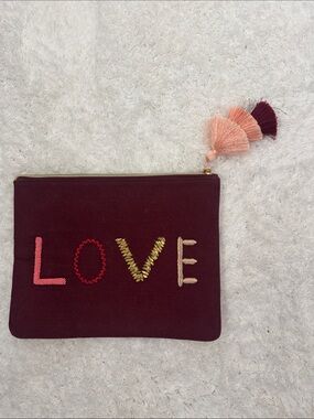 Stella & Dot Wine Red 'LOVE' Embroidered Tassel Pouch